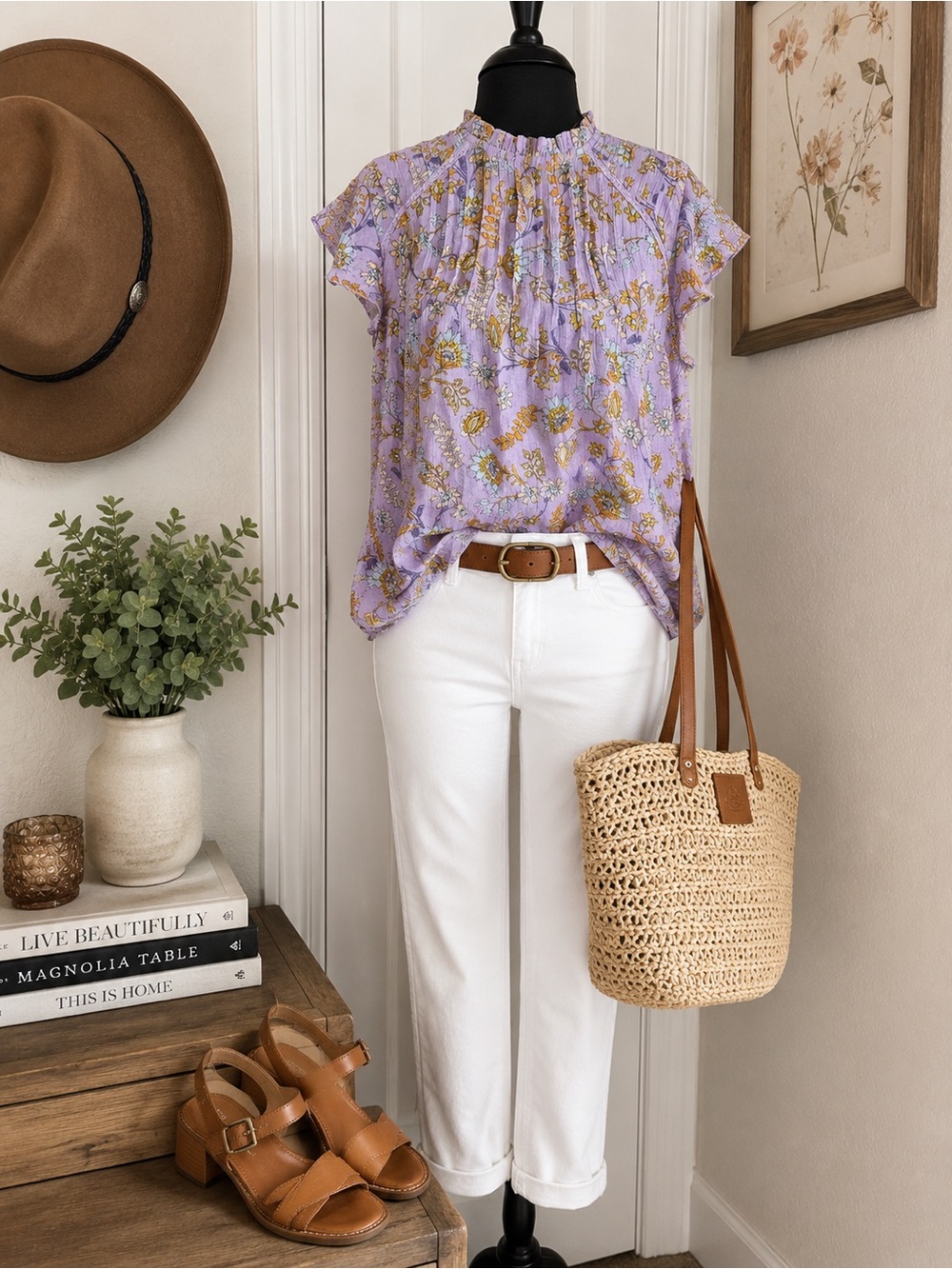 Nanette Lepore Lavender & Gold Floral Pintuck Top